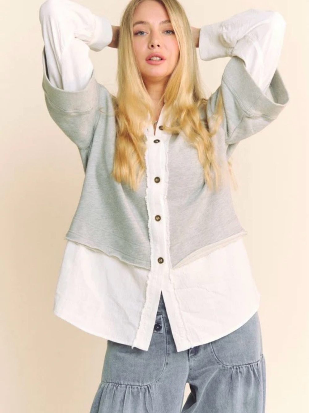 DAVI & DANI Two-Tone Layered Look Button-Front Top in Light Gray and White
